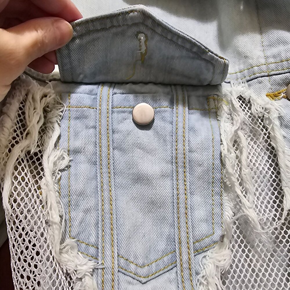Distressed Light Wash Denim Jacket With Mesh Inserts Frayed Detailing & Button C - Picture 8 of 13